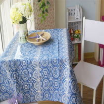 波西米亚蓝色圆圈图案桌布复古棉麻餐桌茶几盖巾酒吧台布拍照背景