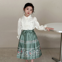 儿童马面裙套装汉服春季国风刺绣盘扣衬衫女童唐装两件套表演服装