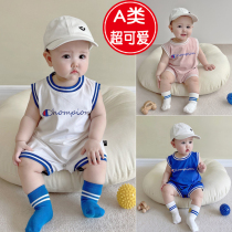 婴儿衣服夏天0-1岁男宝宝夏季薄款连体衣超萌哈衣蓝球服背心球衣2