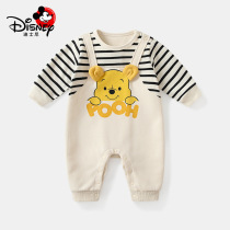 迪士尼正版婴儿连体衣小熊条纹背带假两件衣服<em>新生儿服装</em>
