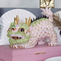 创意可爱粉色手工麒麟陶瓷摆件一对招财装饰品龙年生肖龙摆件礼物