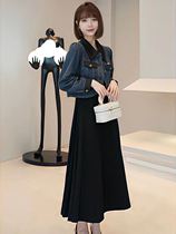 韩版POLO领拼色短款牛仔外套女秋季新设计感显瘦气质别致夹克上衣
