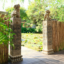 中式狮子拴马桩仿石雕柱子门口庭院花园布置造景装饰仿古落地摆件