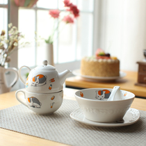 日式猫咪老师碗盘套装茶具三件套卡通创意碗盘勺三件套餐具