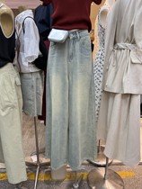 时尚夏季文艺新款潮流气质韩国东大门洗水做旧复古纯色牛仔长裤潮