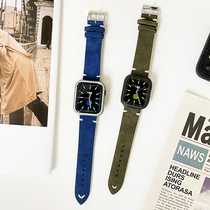 高级蓝色磨砂真皮绿色绒毛iwatch表带适用applewatch苹果手表7代6