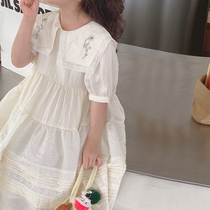 韩国女童短袖连衣裙2024夏装儿童大童夏季公主裙重工蕾丝刺绣裙子