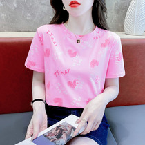 粉色纯棉宽松短袖t恤女2024夏季设计感爱心字母印花体恤减龄上衣