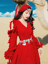 沙漠长裙西北草原旅游拍照衣服超仙青海湖茶卡盐湖裙子红色连衣裙