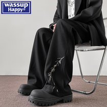 WASSUP HAPPY新中式国风竹子刺绣潮牌裤子男夏季薄款直筒休闲长裤