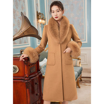 秋冬新款狐狸毛领羊绒大衣女中长款修身显瘦气质时尚羊毛呢外套女