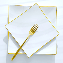 欧式金边陶瓷西餐盘牛排刀叉盘子套装餐具意面盘蛋糕正方形碟子