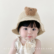 婴儿草帽夏季可爱超萌小熊男女宝宝遮阳帽草编蕾丝1岁2卡通渔夫帽