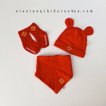 婴儿帽子袜子口水巾套装宝宝胎帽秋冬季保暖围脖红色过年帽6个月