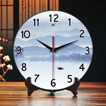 承沁陶瓷钟表时钟摆件客厅静音挂钟座钟两用中国风电子钟山水系列