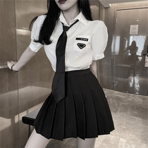 jk制服夏季套装学院风职业短袖白衬衫百褶短裙子黑衬衣学生上衣服
