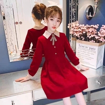儿童公主裙韩版潮牌中大童红色过年服灯芯绒冬季女童加绒连衣裙子