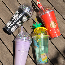 星巴克杯子夏季紫色渐变马卡龙菠萝双层拱盖塑料吸管杯随行杯喝水