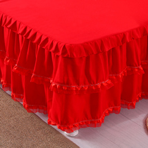 夏季结婚喜庆大红色公主蕾丝床裙三件套单件床罩床套1.5m1.8m2米