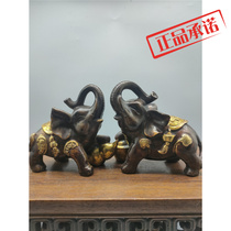 黄铜大象摆件一对铜母子大象吸水象紫铜色元宝葫芦象家居装饰摆件
