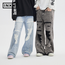 【INXX】Standby 个性做旧<em>大破洞牛仔裤</em>男水洗设计高腰直筒阔腿裤