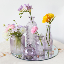 法式浪漫紫色三角形浮雕玻璃花瓶小清新民宿软装复古轻奢水培花器