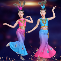 儿童双肩傣族舞蹈服鱼尾裙弹力孔雀舞演出服装女童少儿民族表演服