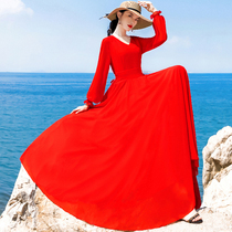 旅拍复古V领大红色雪纺沙滩裙长袖大摆海边度假连衣裙飘逸长裙子