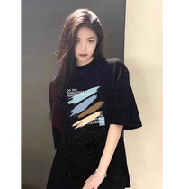100%纯棉夏季女生黑色短袖T恤满天星设计感印花通勤韩版潮流上衣