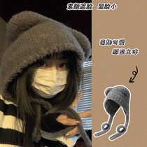 小熊耳朵帽子女秋冬季韩版可爱大头围针织毛线帽灰色保暖护耳帽子