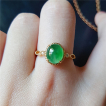 汉桑原创翡翠戒指纯天然冰阳绿飘花蛋面镶嵌18K金戒指指环女