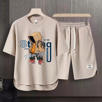 夏季华夫格运动休闲套装男大码短袖T恤青少年学生宽松短裤两件套