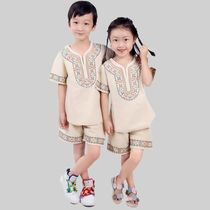 新疆舞男女童同款亚麻绣花套装民族风维族儿童小学生舞台两件套装