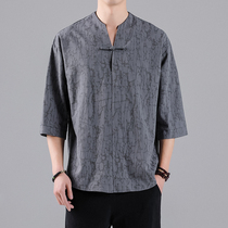 中国风夏季棉麻提花唐装短袖中式复古汉服T恤男宽松大码半袖茶服