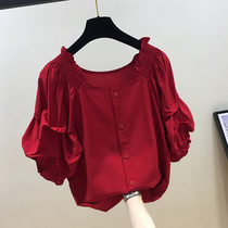 红色雪纺衫女短袖2024年夏季新款韩版宽松时尚洋气一字肩显瘦上衣