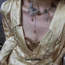 CHEALIMPID/.琥珀复古蝴蝶古铜银做旧金属项链chocker小众设计女