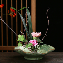 剑山插花器小原流花道器皿中式日式陶瓷水培花盆圆盘禅意复古花器