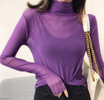 2020新款泫雅紫色高领上衣网纱透视内搭打底衫防晒长袖T恤女