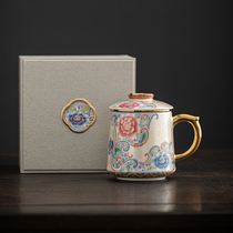高档纯银掐丝珐琅彩泡茶杯个人专用陶瓷茶水分离带盖办公室办公杯