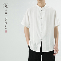 夏季中式男装棉麻中袖衬衫中国风半袖上衣精品唐装盘扣短袖衬衣