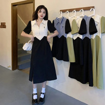 设计感撞色拼接连衣裙女夏季韩版2024新款POLO领收腰显瘦短袖裙子