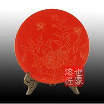 福州三宝福州脱胎漆器漆盘摆件 传统手工艺礼品 雕刻针刻牡丹花