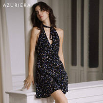 AZURIERA法式繁星点点印花真丝吊带连衣裙挂脖露背设计优雅性感
