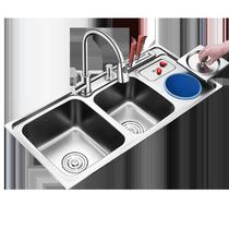纳米304不锈钢水槽多功能带垃圾桶三槽厨房洗菜盆大号双槽洗碗池