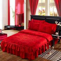 新款喜庆纯棉四件套床裙款结婚大红色全棉床罩式新婚礼房被套床上