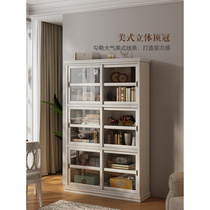 。美式实木书柜白色复古推拉门置物柜落地家用客厅防尘玻璃门储物