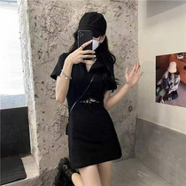 镂空连衣裙女韩国跨境夏季日系学生新款V领设计感黑色纯欲风裙子