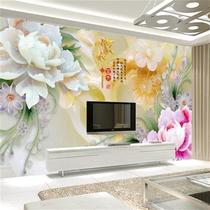 中式客厅3d不织布电视背景墙壁画玉雕影视墙家和富贵5D立体牡丹花