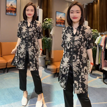 新中式气质花色时尚t恤女23夏短袖复古盘扣洋气显瘦中长唐装上衣