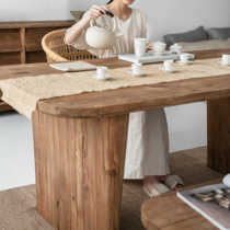 润家家居原木简约餐桌椅组合侘寂风现代木质客厅老松木茶桌长凳